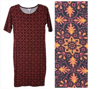 LuLaRoe Julia Knit Dress Red Floral Tile Fitted Knee Length Sheath Work Casual